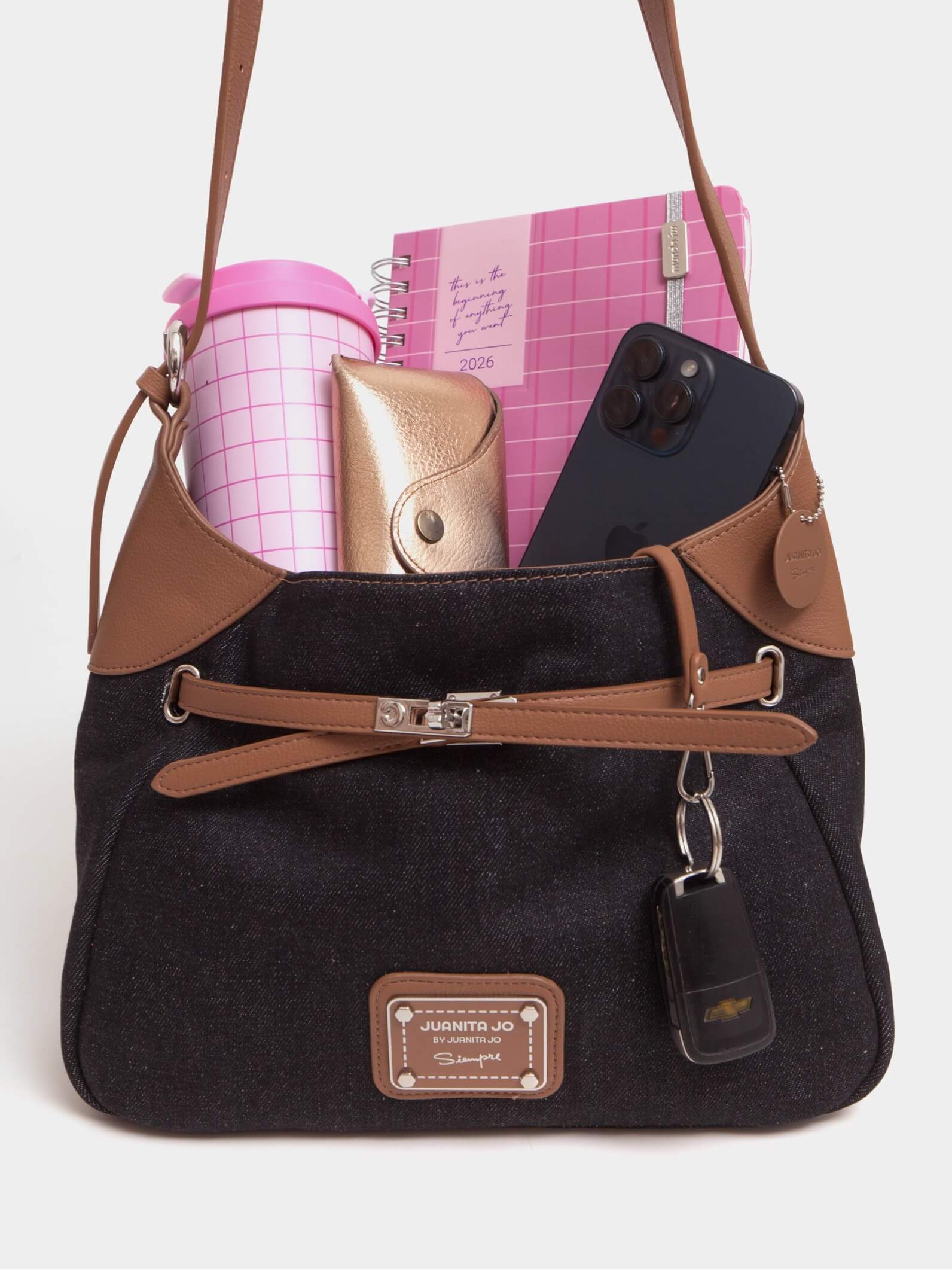 Cartera De Hombro Denim Jessie Negro Y Suela